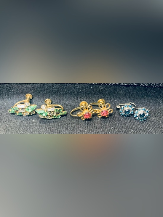 Coro Jewelry - Vintage Trio Earrings 1950 includes Coro Screwback Earrings Green, Pink & Blue